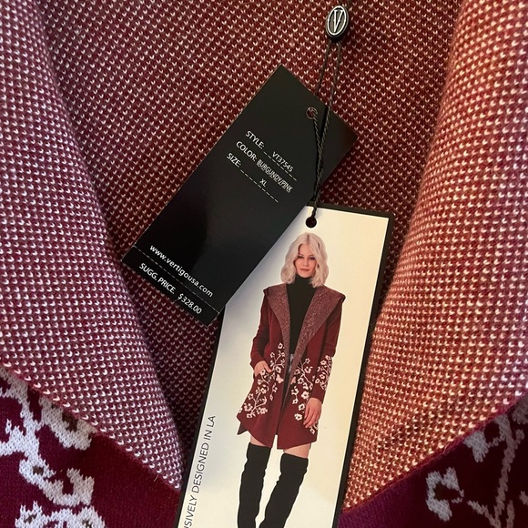 Vertigo Womens Cardigan Sweater Size XL Red Floral; Butterfly Wool Hood Open NWT - Picture 3 of 3